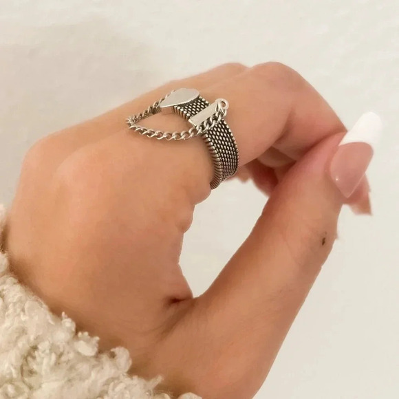 925 Sterling Silver Heart Ring Dangle Chain Ring Modern Ring Band - Picture 6 of 8